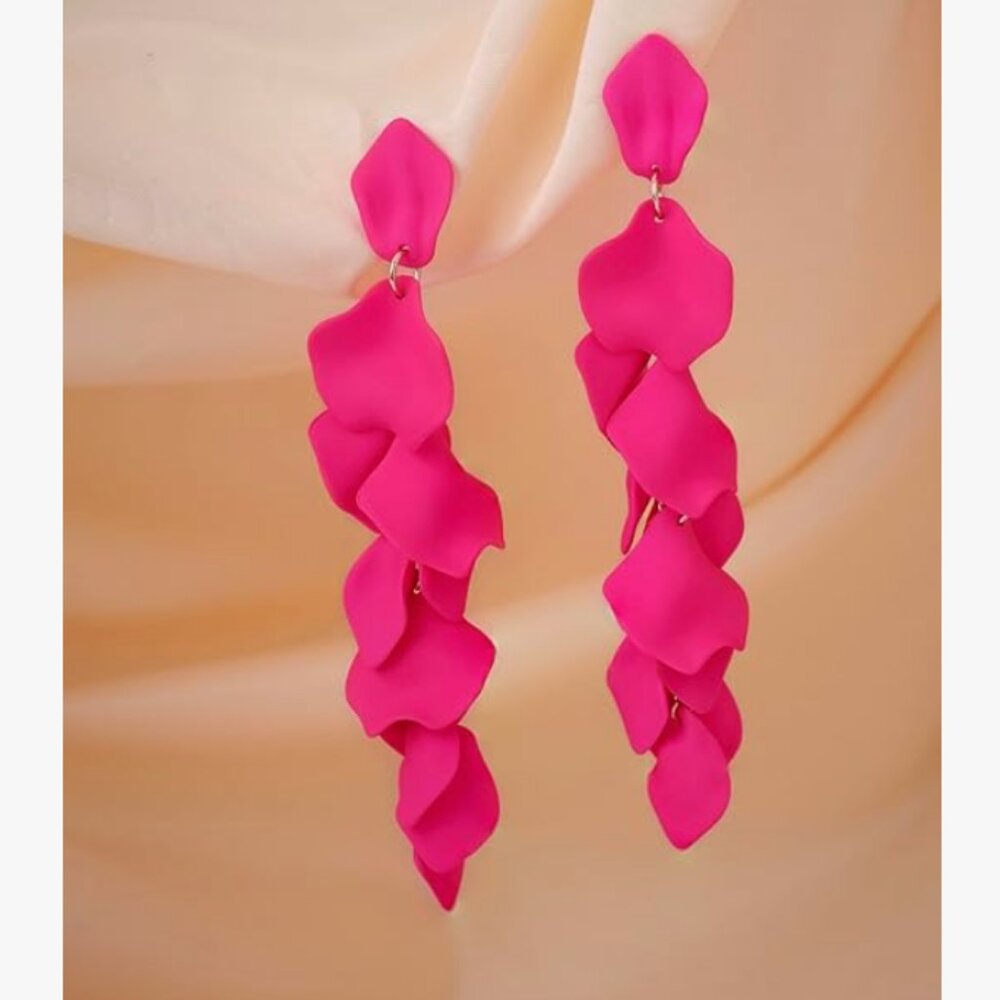 Floral Elegant long Pink Rose Petals Earrings